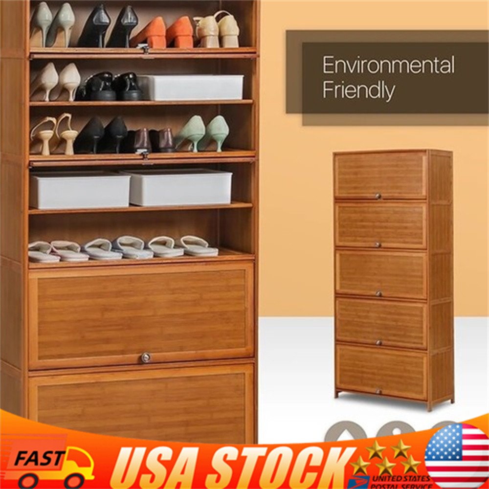 10Tiers Bamboo Shoe Rack Cabinet Wooden Shoes Shelf Organizer Stand Storage Door