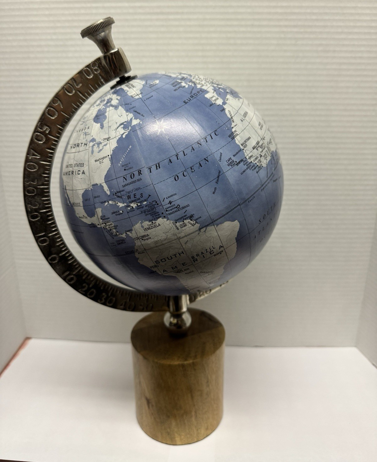 Blue & White Rotating Tabletop World Globe w/ Wood Base & Metal Meridian