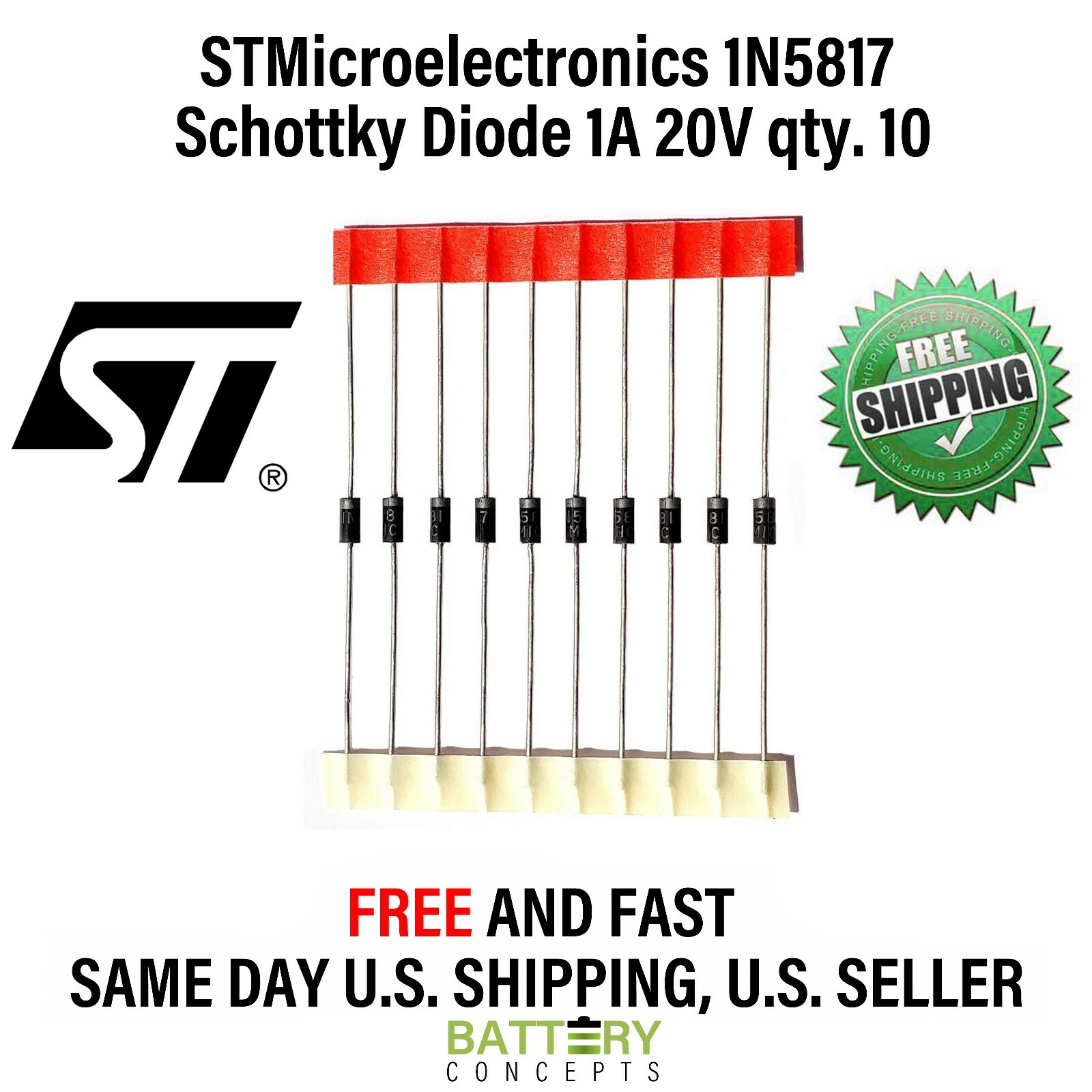 STMicroelectronics 1N5817 Schottky Barrier Diode 1A 20V qty.10 FREE SHIPPING