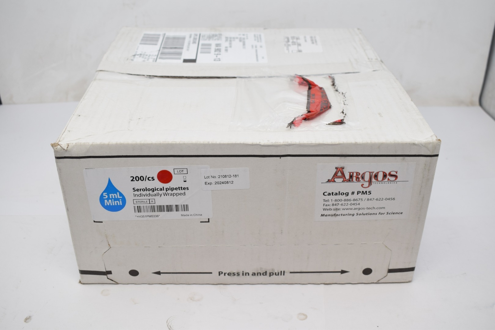 Box of 200 NEW Argos Technologies PM5 Polystyrene Serological Mini-Pipettes, 5mL