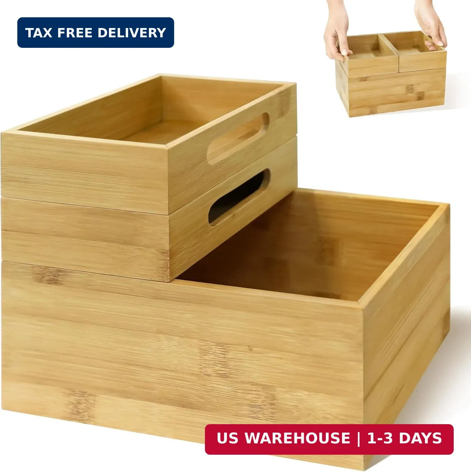 HOMESTEAD 3-Piece Stackable Bamboo Storage Box, Office Desk Organizer, Wooden Bo