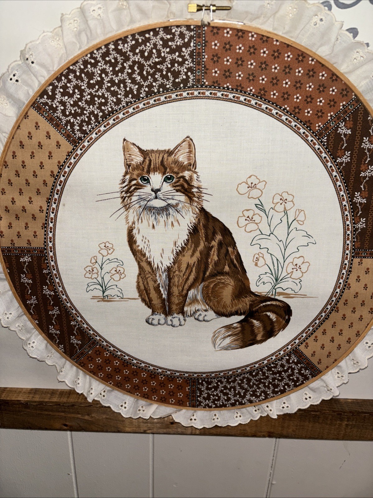 Vintage Large Embroidery Hoop Cranston Cat Print With Lace Trim. . 14.5 inches.