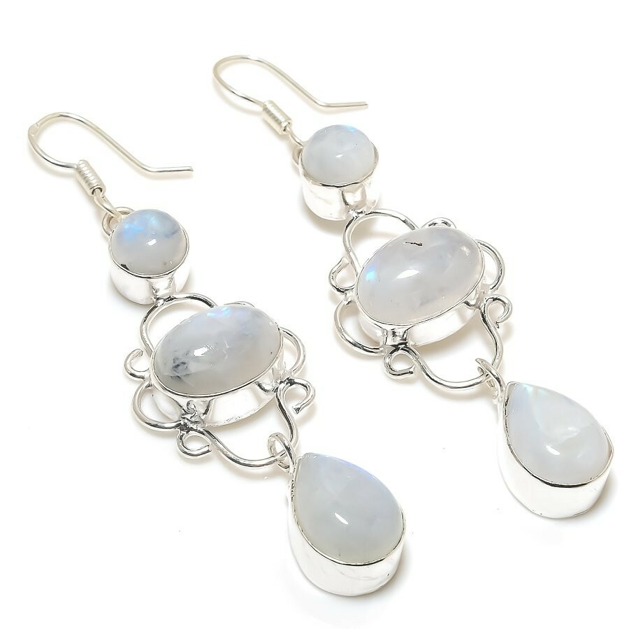 Moonstone Gemstone Handmade 925 Sterling Silver Jewelry Earring Sz 2.4''