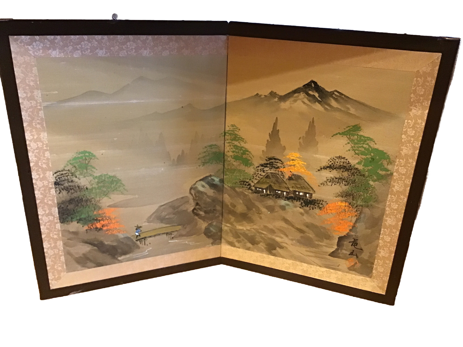 Vintage Japanese Chinese 2 Panel Painting Folding Screen Signed Art