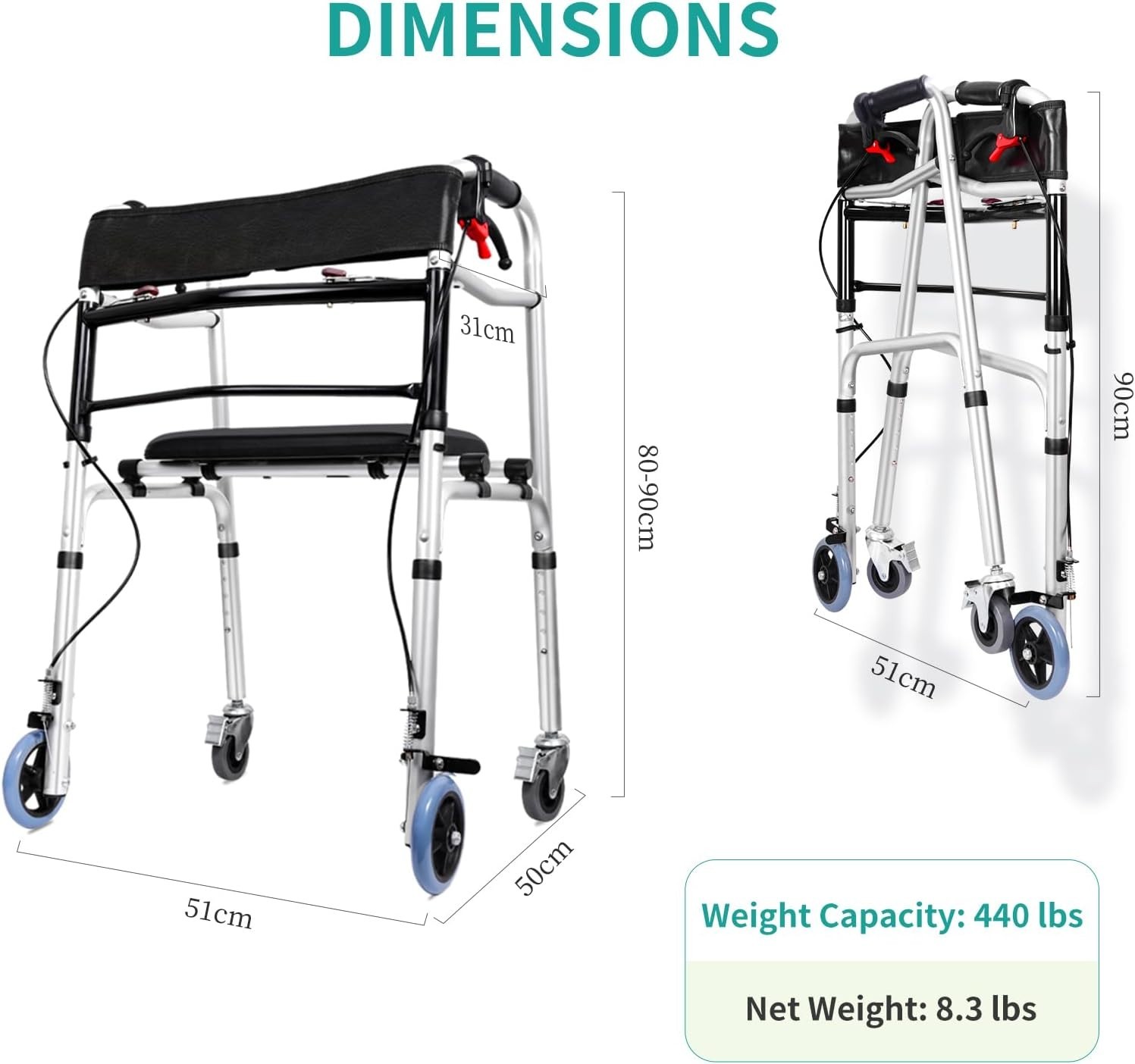 2-Button Folding Walker Height Adjustable Walking Aid with Seat 4 Wheels Brakes
