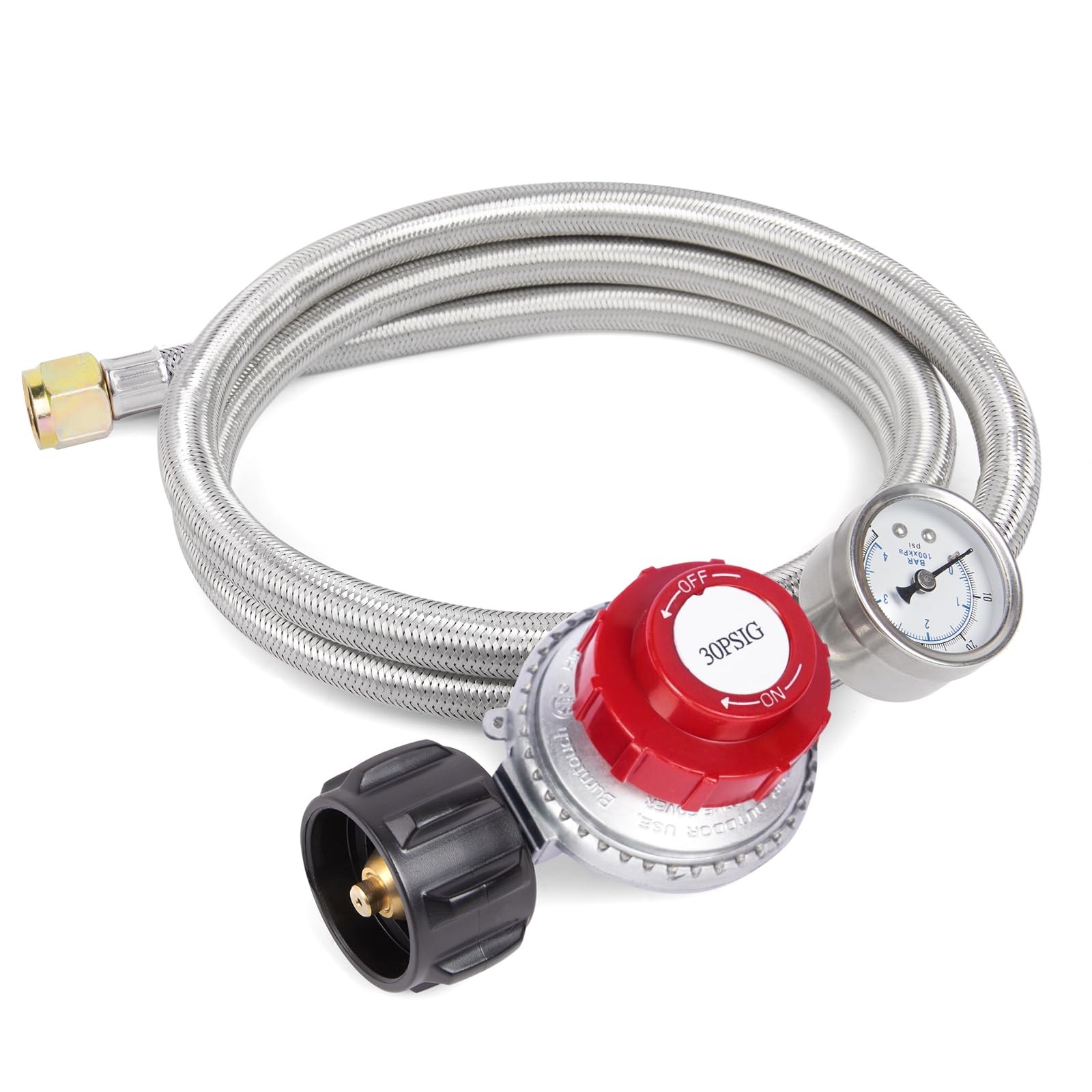 0-30 PSI Adjustable High Pressure Propane Regulator with Gauge 5-Foot Stainless