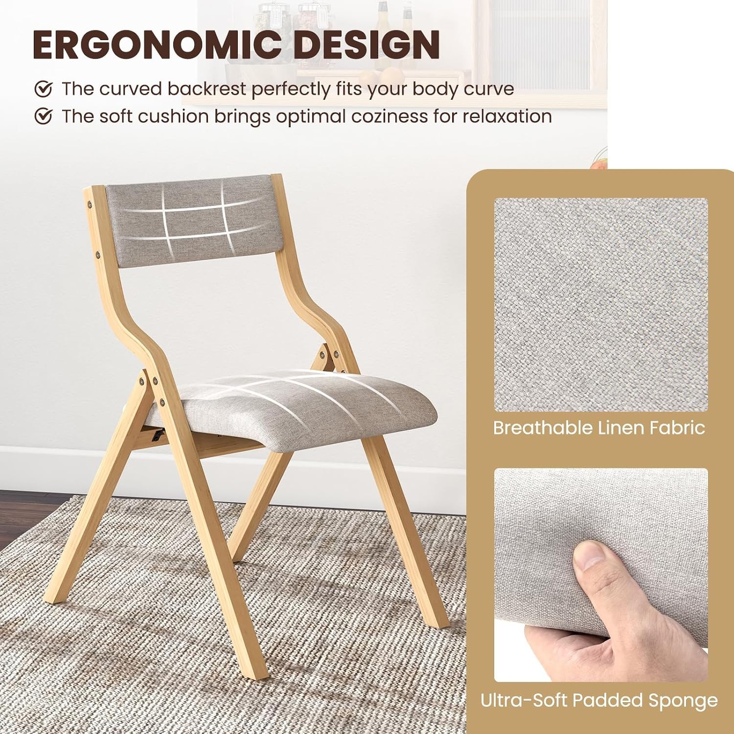 No Assembly Folding Dining Chairs Set of 2 Kitchen Chairs with Linen Padded