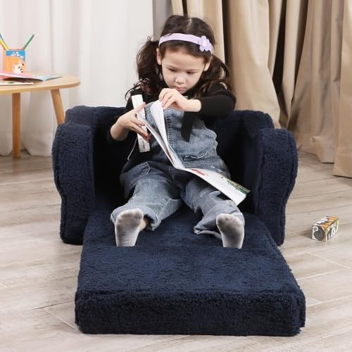 Cozy Kids 2-in-1 Flip-Out Foam Sofa Lounge Chair with Soft Sherpa Cover - Dark B