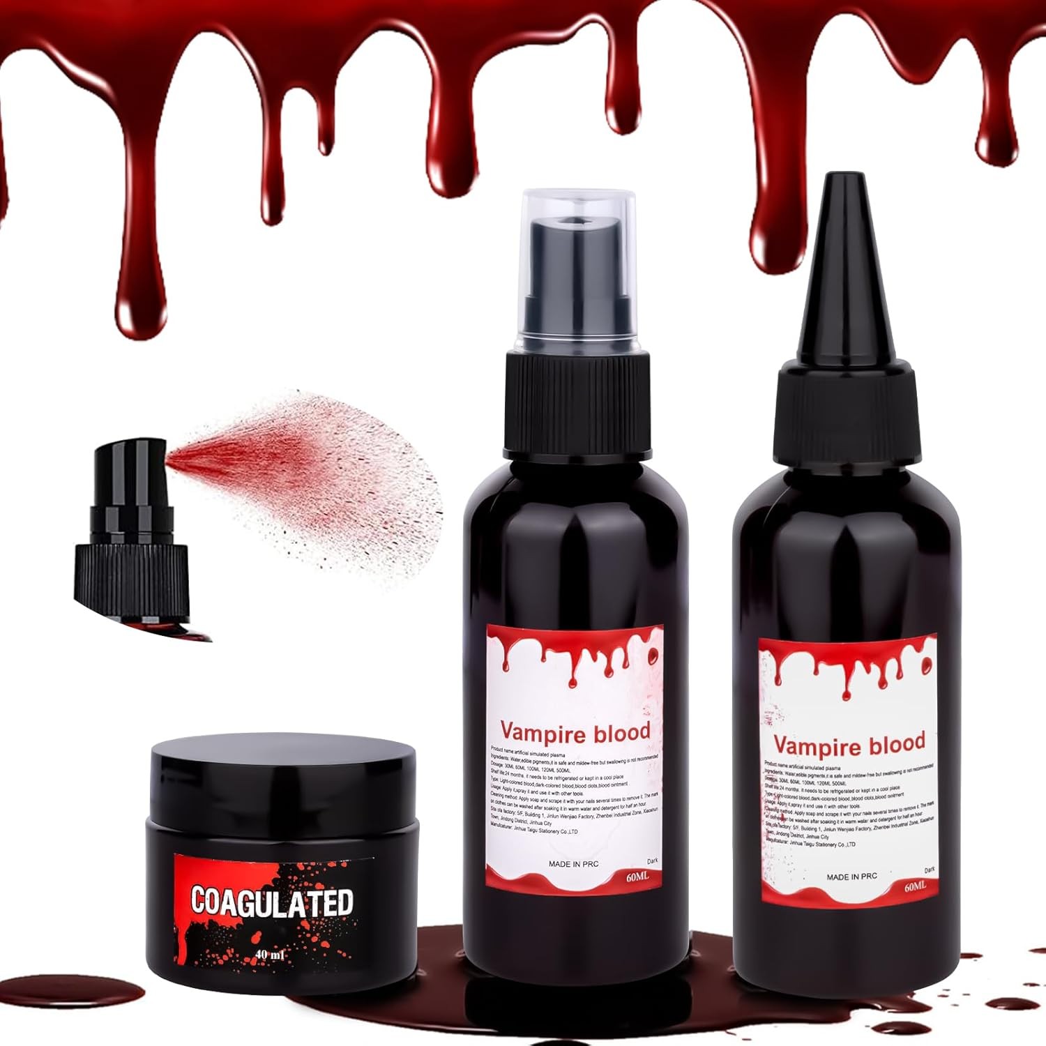 3PCS Halloween Fake Blood Makeup Kit 5.04oz - 2.04oz Fake Blood Spray, 2.04oz Dr
