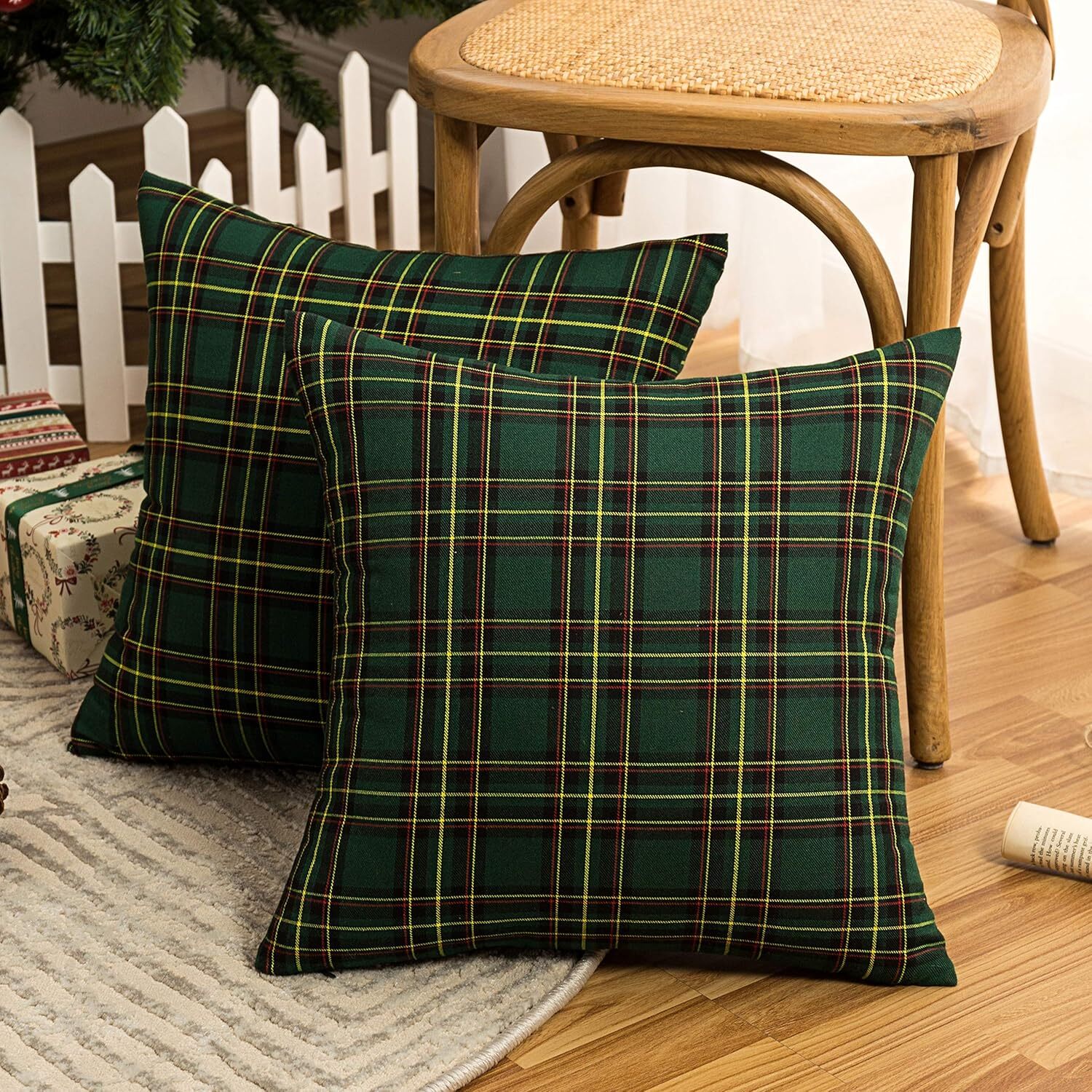 2 Christmas plaid pillow cases Scottish plaid upholstered covers, 18 x 18 inches