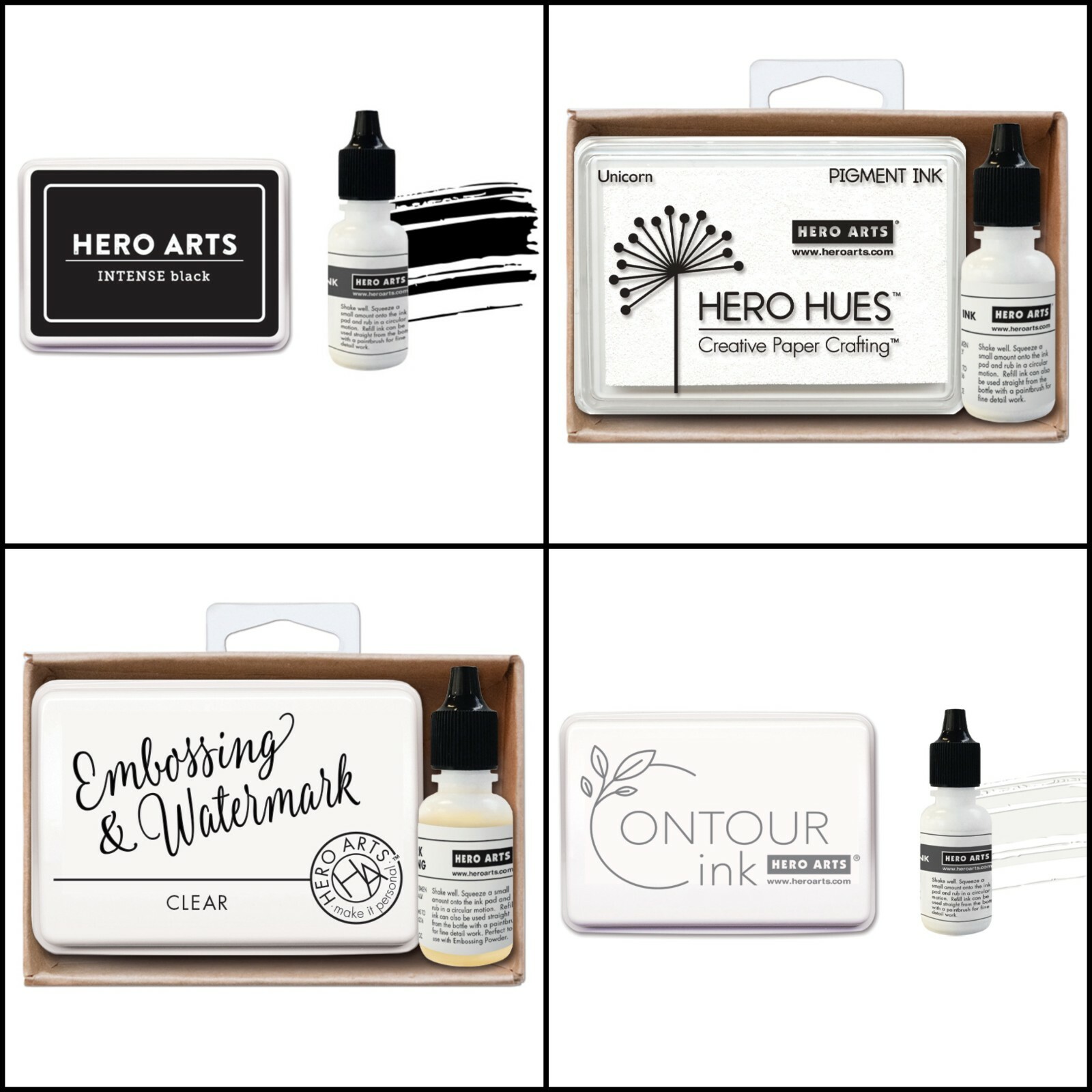 Hero Arts Ink + Reinker Bundle (Contour, Emboss, Black, Unicorn White) YOU PICK!