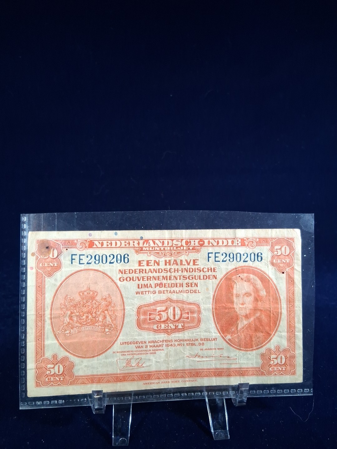 1943 NEDERLANSCH INDIE 50 CENTS BANKNOTE
