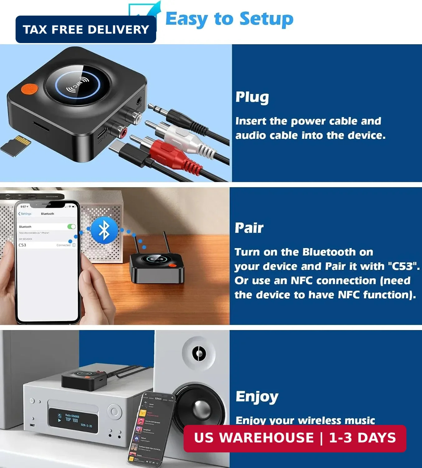 Bluetooth Receiver for Home Stereo, AUX RCA to Bluetooth Adapter | NFC Bluetooth