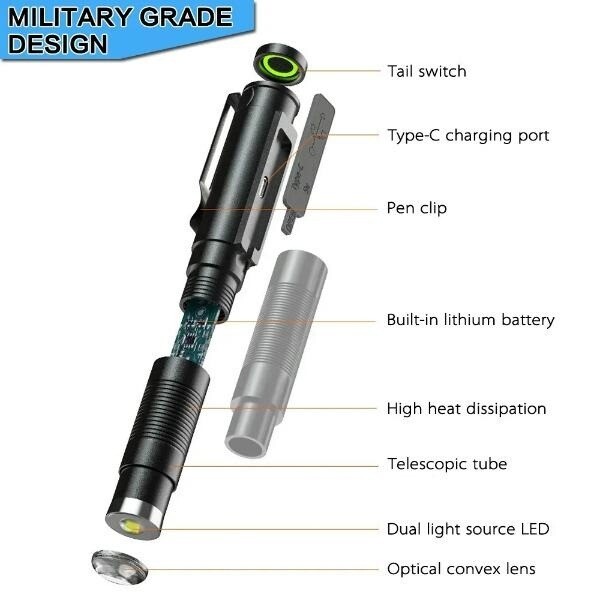LED Flashlight USB Rechargeable Pen Light Zoom Waterproof Small Torch