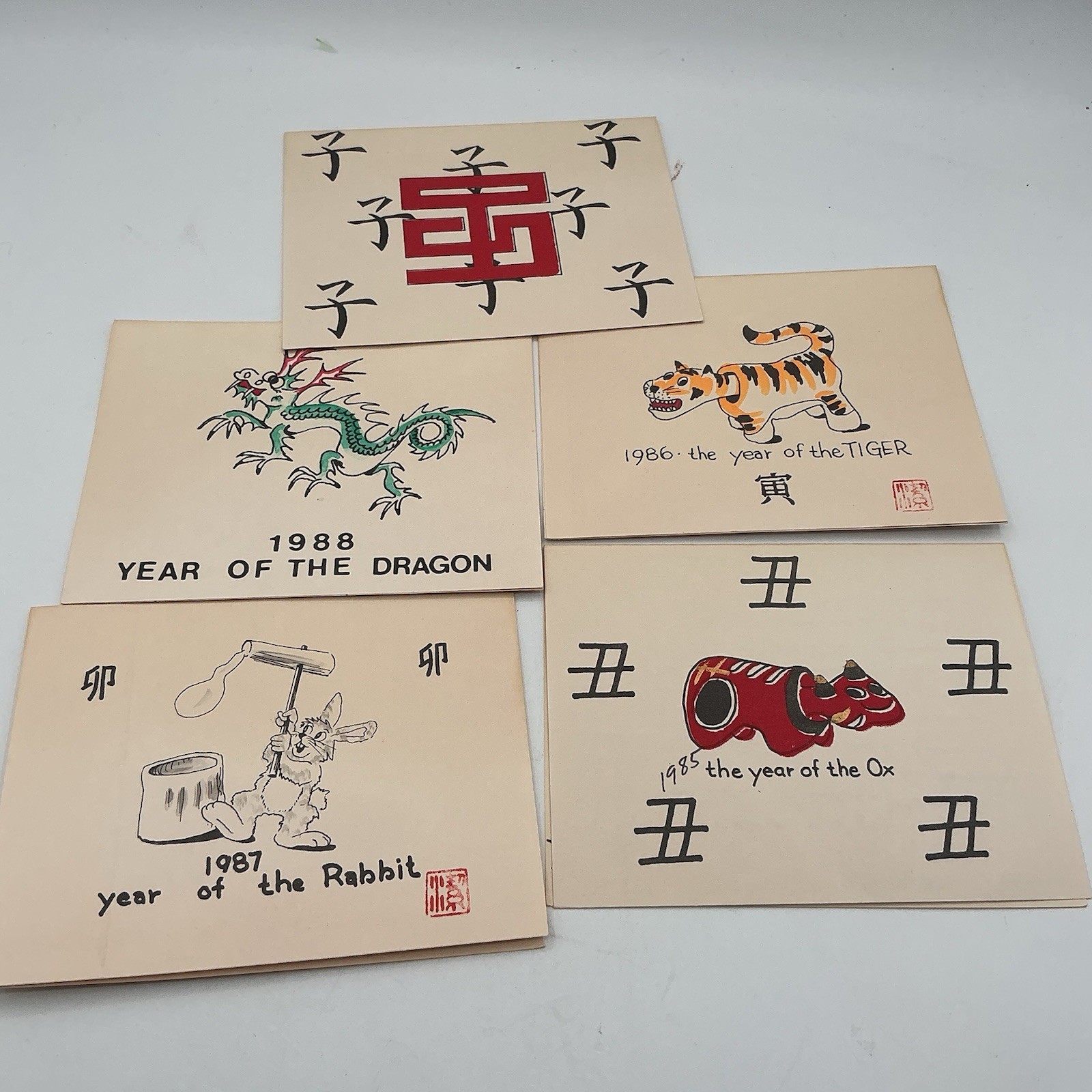 5 Japanese Vtg Woodblock Postcards Zodiac Scenes Folk Art- Rare