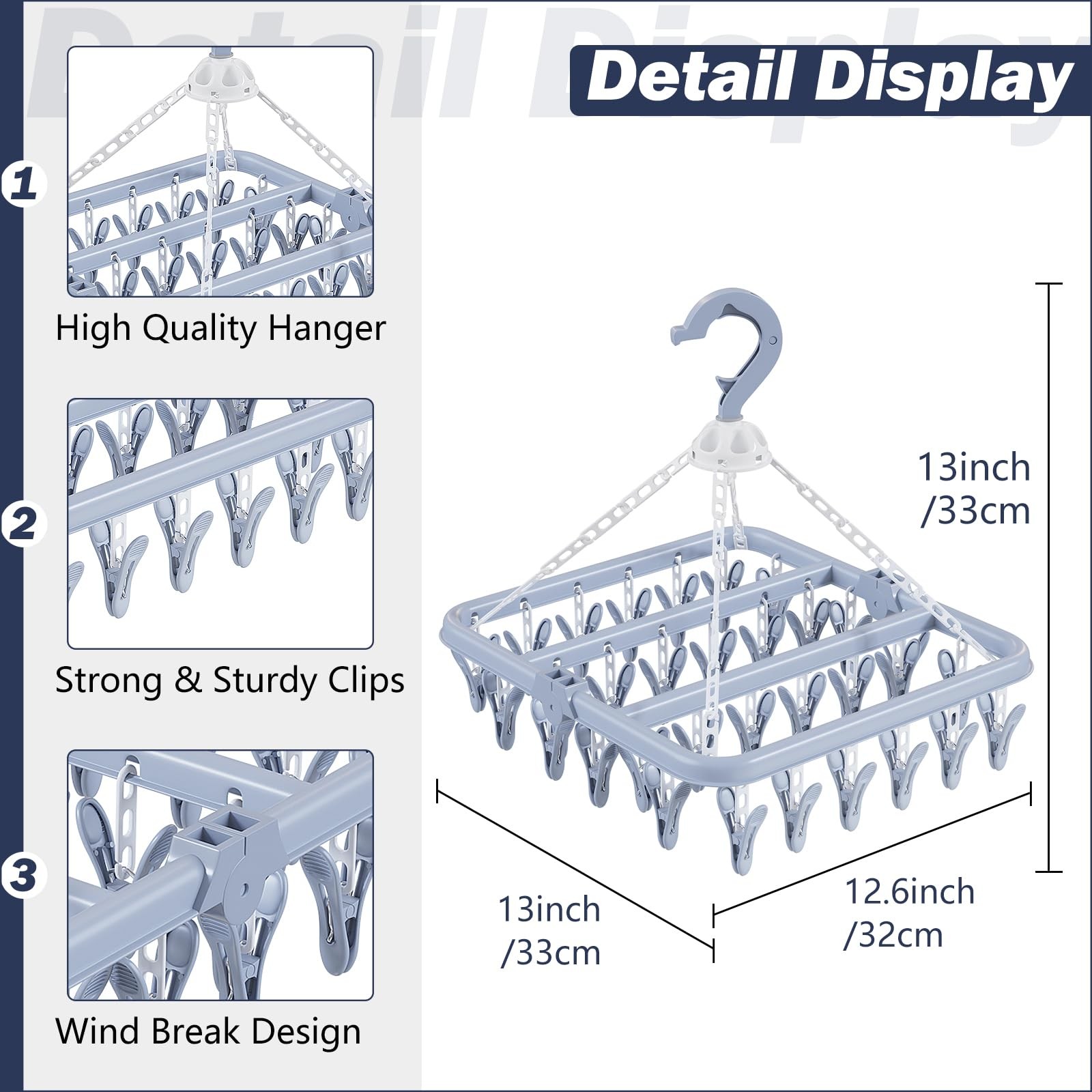 Clothes Drying Rack with 32 Clothespins, Bule Foldable Hanging Drying Racks, ...
