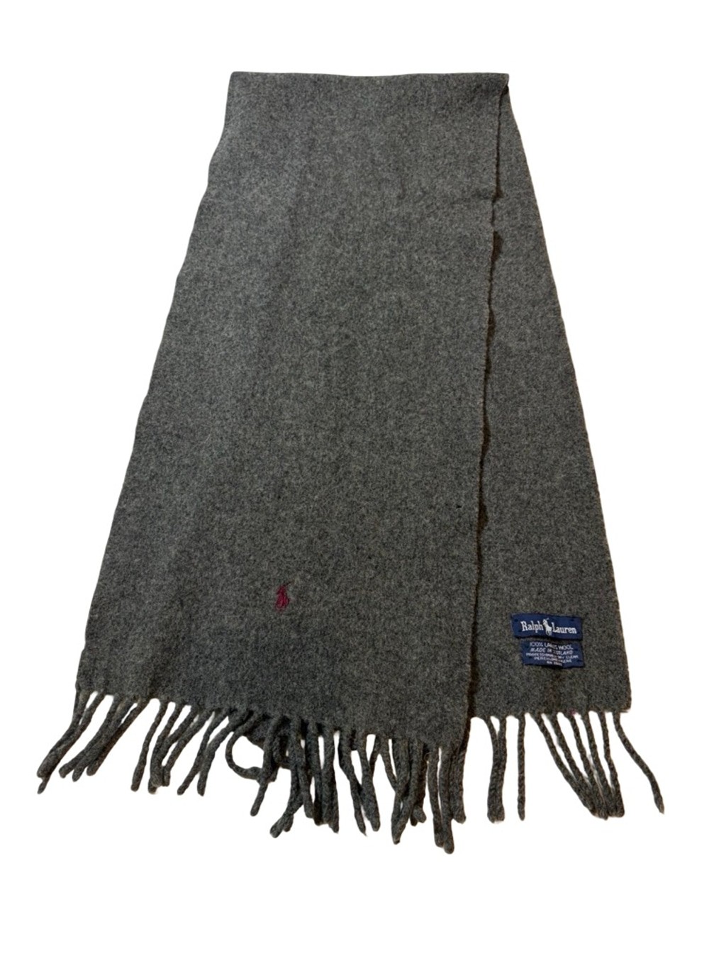 Ralph Lauren Lambswool Scarf Made In Scotland Gray Fringe Pony Logo