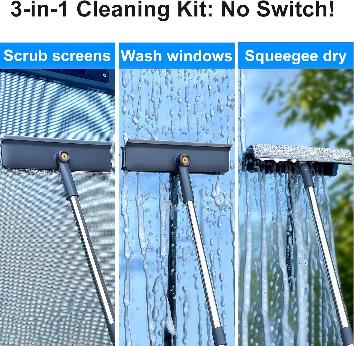 3-In-1 Window Squeegee for Home 60" Window Cleaning Kit with 3 Microfiber Cloths