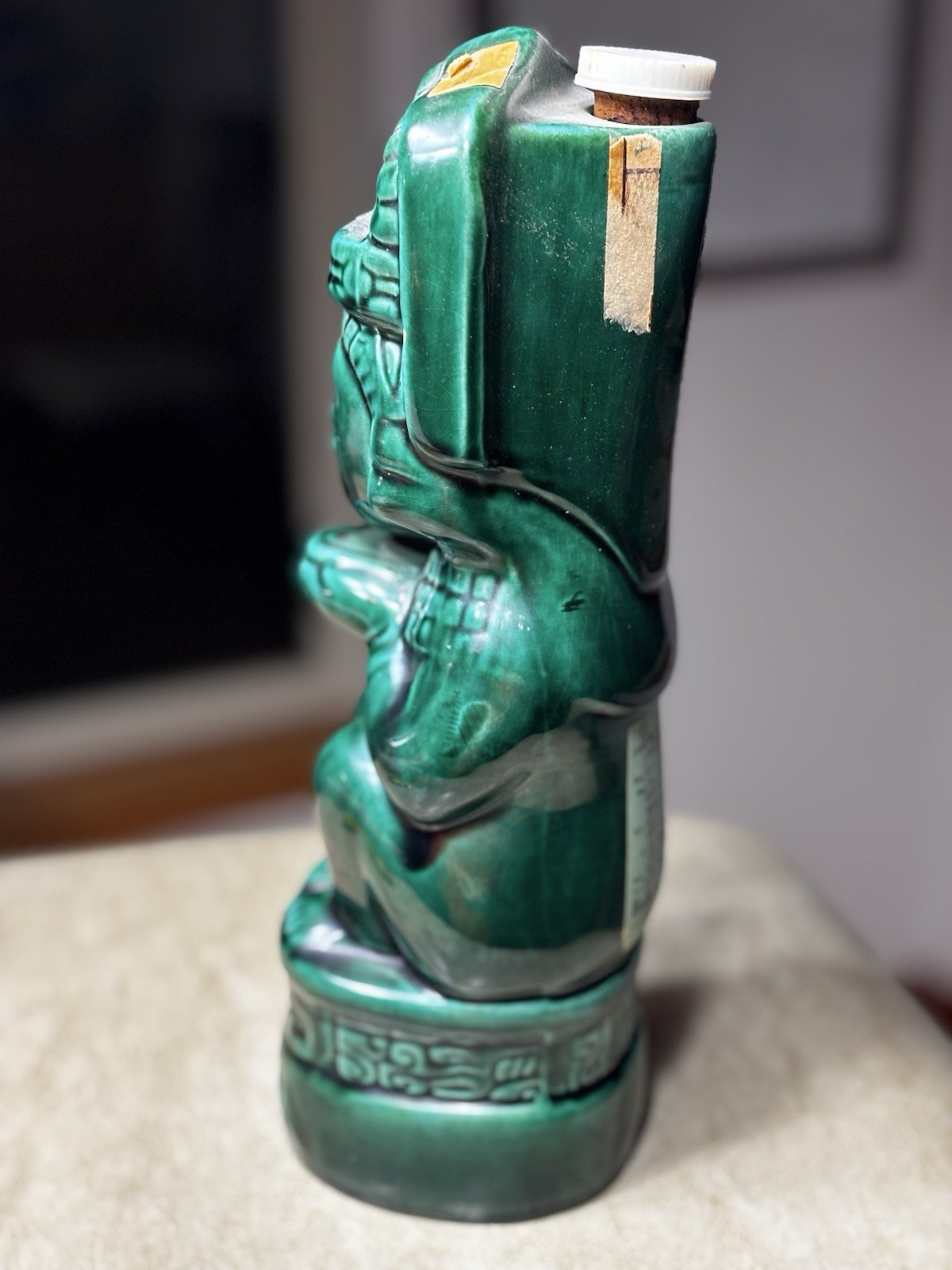 Vintage Kahlua Mayan Aztec Figural Ceramic Decanter Green Mexico Empty 757cc