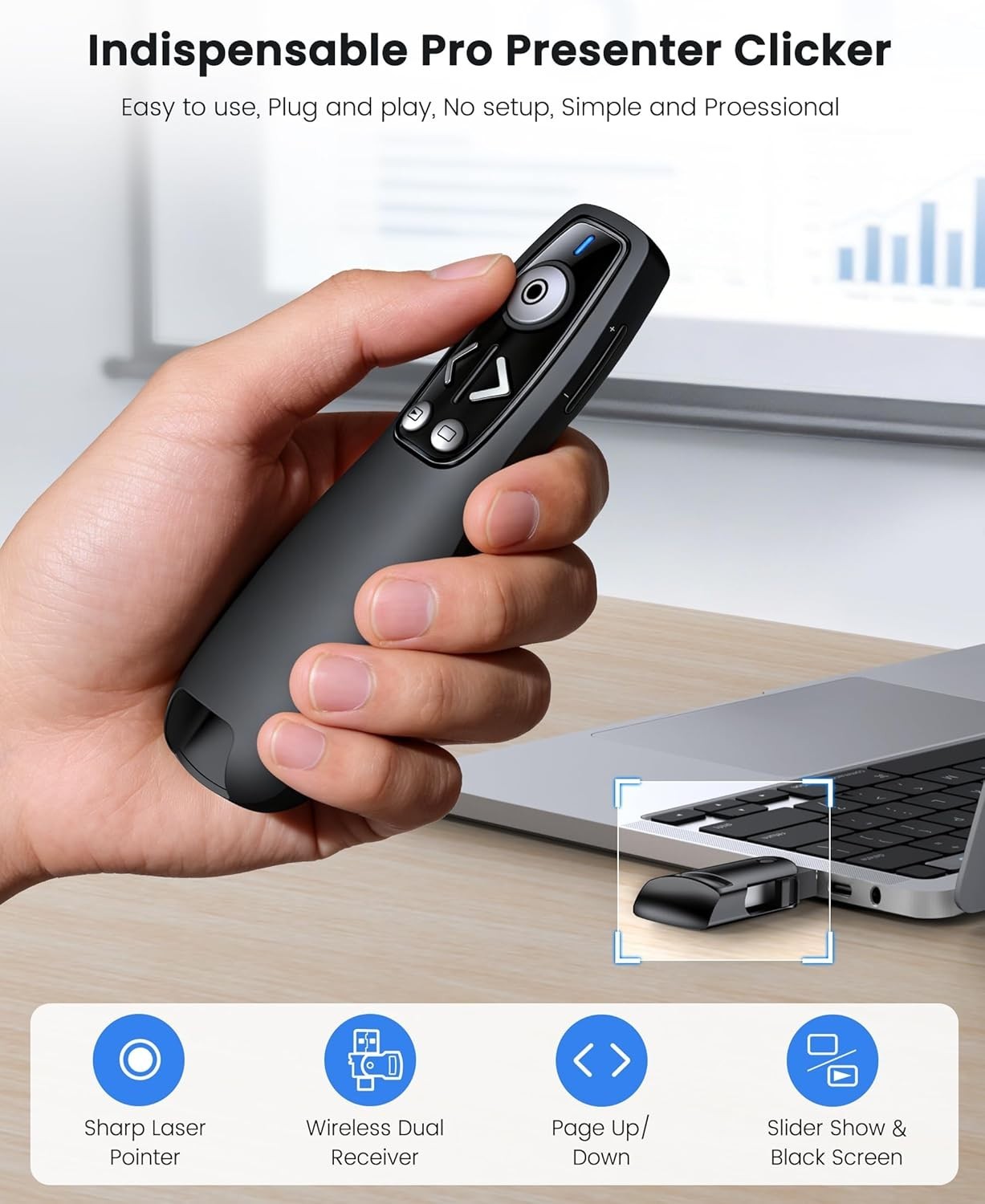 Plug & Play 2.4GHz Presentation Clicker with Volume Control & Red Light Pointer