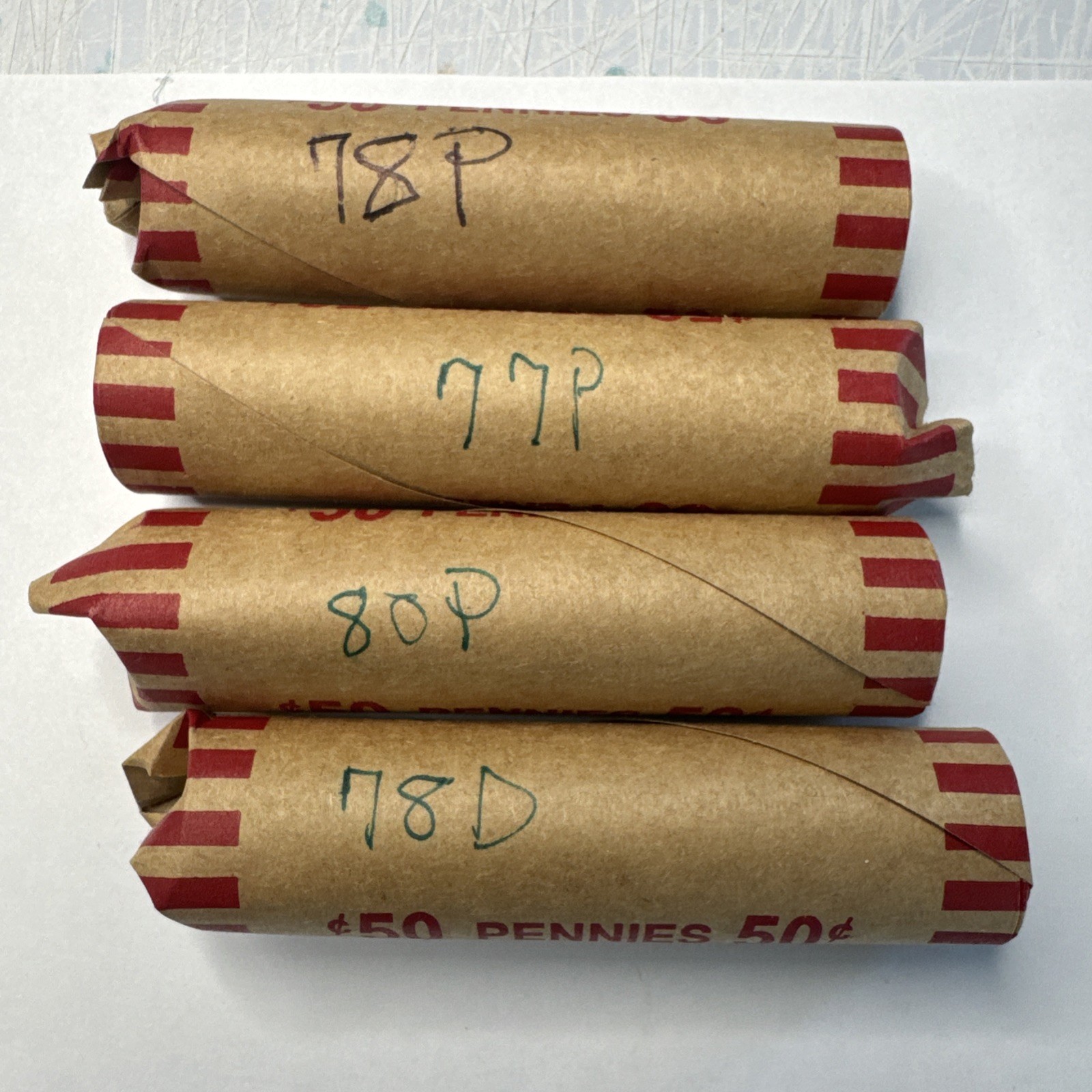 (Lot of 4) Lincoln Memorial Cent COPPER Coin Rolls, 1978-D,1978-P,1980-P,1977-P