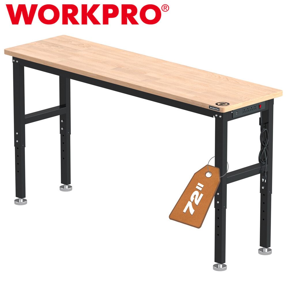 WORKPRO 72" Adjustable Workbench Garage Workbench with Power Outlet 3000LBS Load