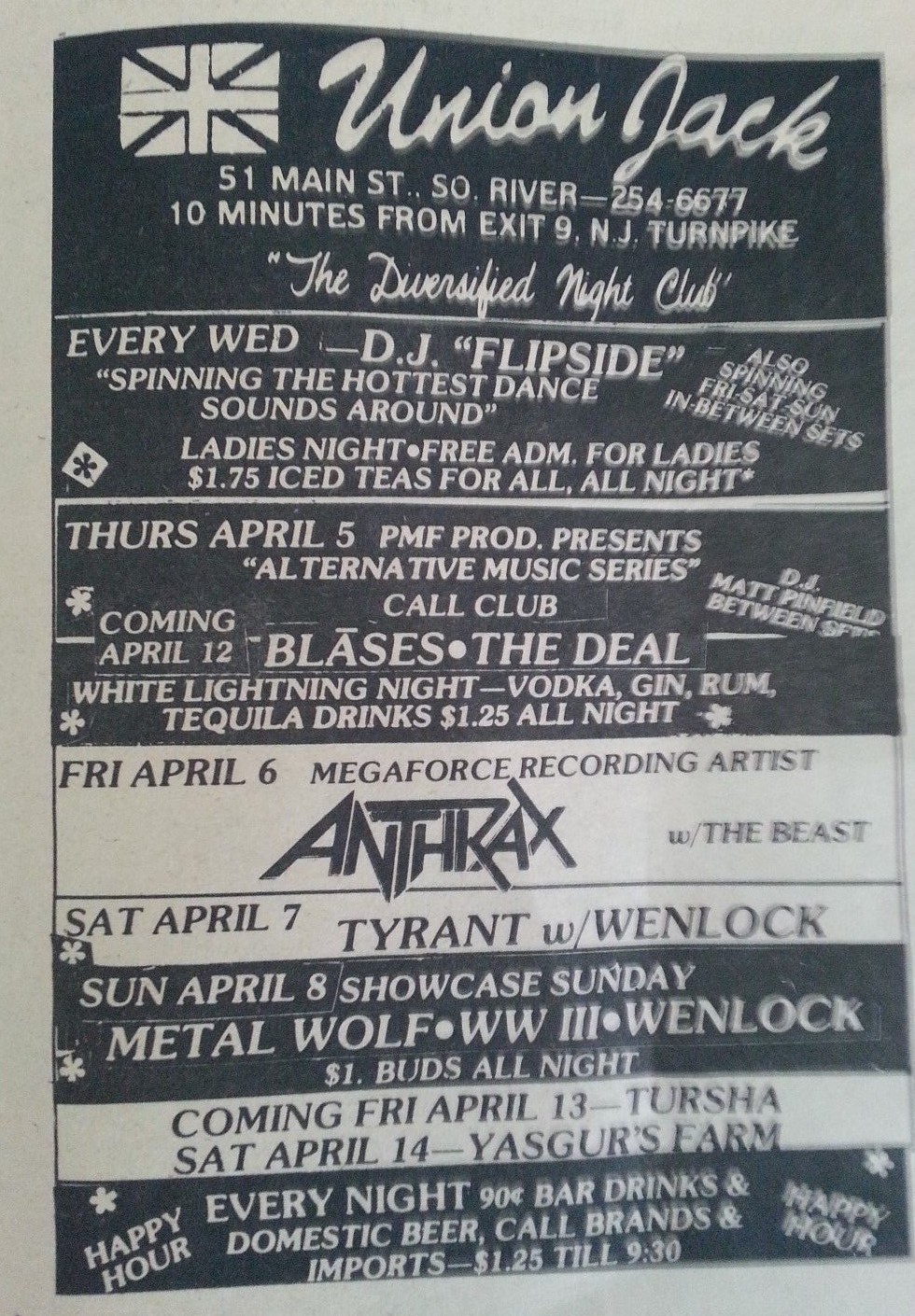 ANTHRAX rare orig 1984 NJ concert print ad, pre-fame, Union Jacks