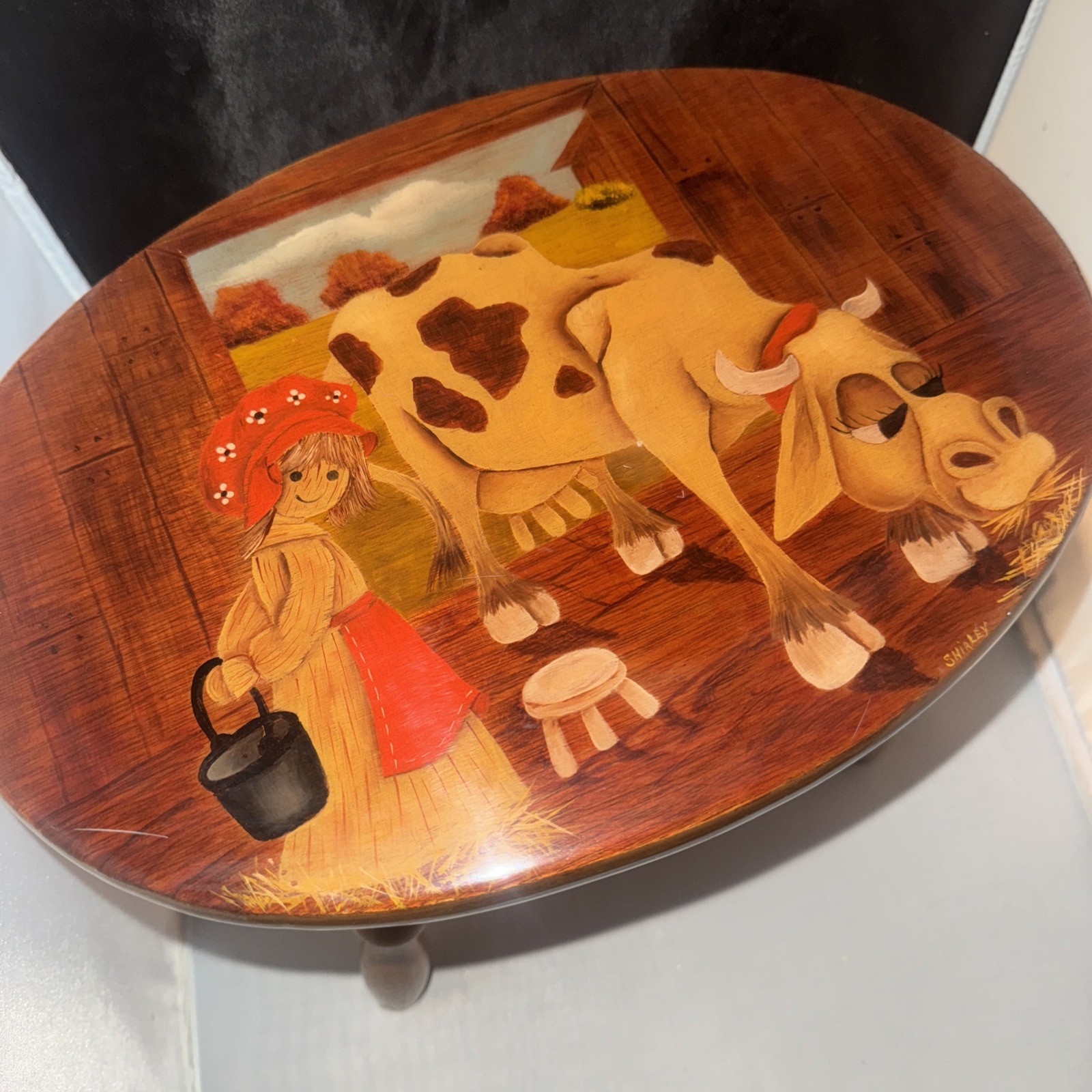 Vntg Hand Painted Milking /Kids Stool, Barn, Girl And a Cow Clear Lacquer (F)