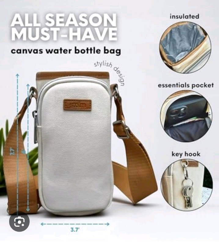 Stolm Insulated Water Bottle. Canvas Cotton Bag. Adj. Strap Stylish Holder
