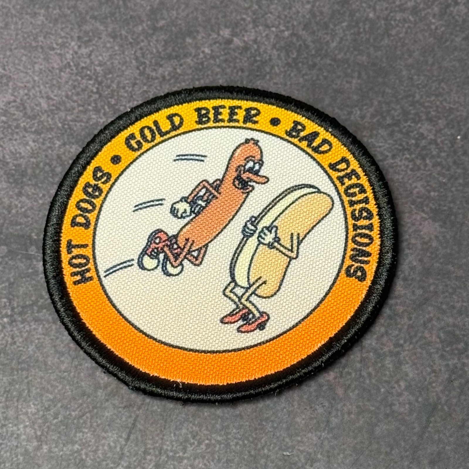 Hot Dogs & Bad Decisions Funny VELCRO Morale Patch, 3" Round | Made in USA
