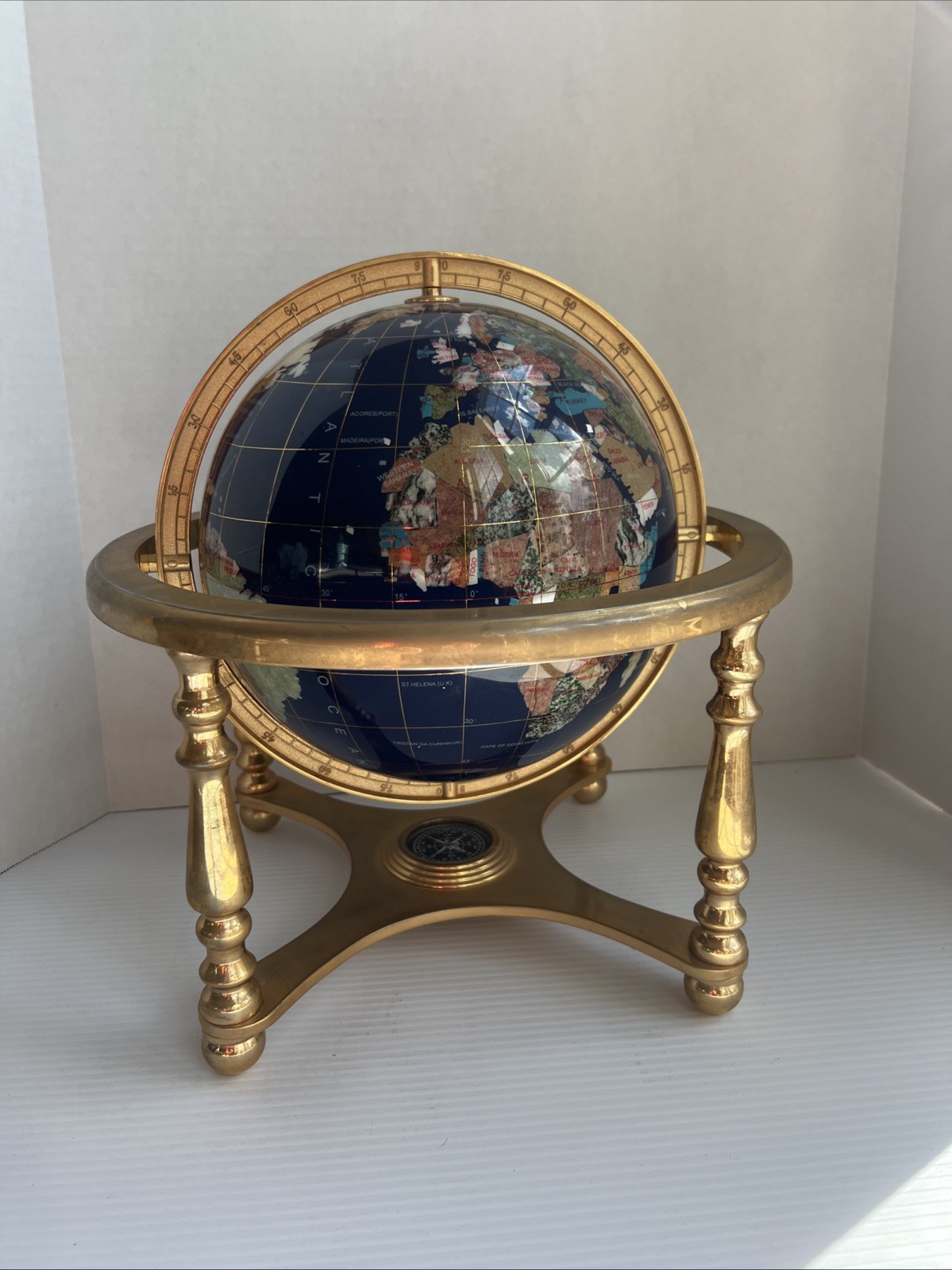 Gemstone Inlaid World 12" High Globe W/ Brass Zodiac Stand & Compass