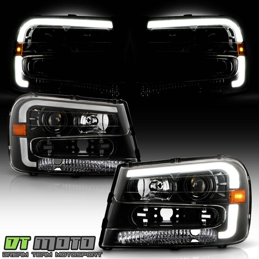 2002-2009 Chevy Trailblazer Black LED Tube Projector Headlights Pair Left+Right