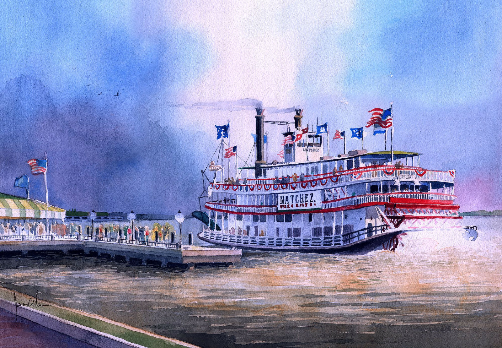 Steamboat NATCHEZ, New Orleans. Paddlewheel Riverbooat. James Mann Art Notecards