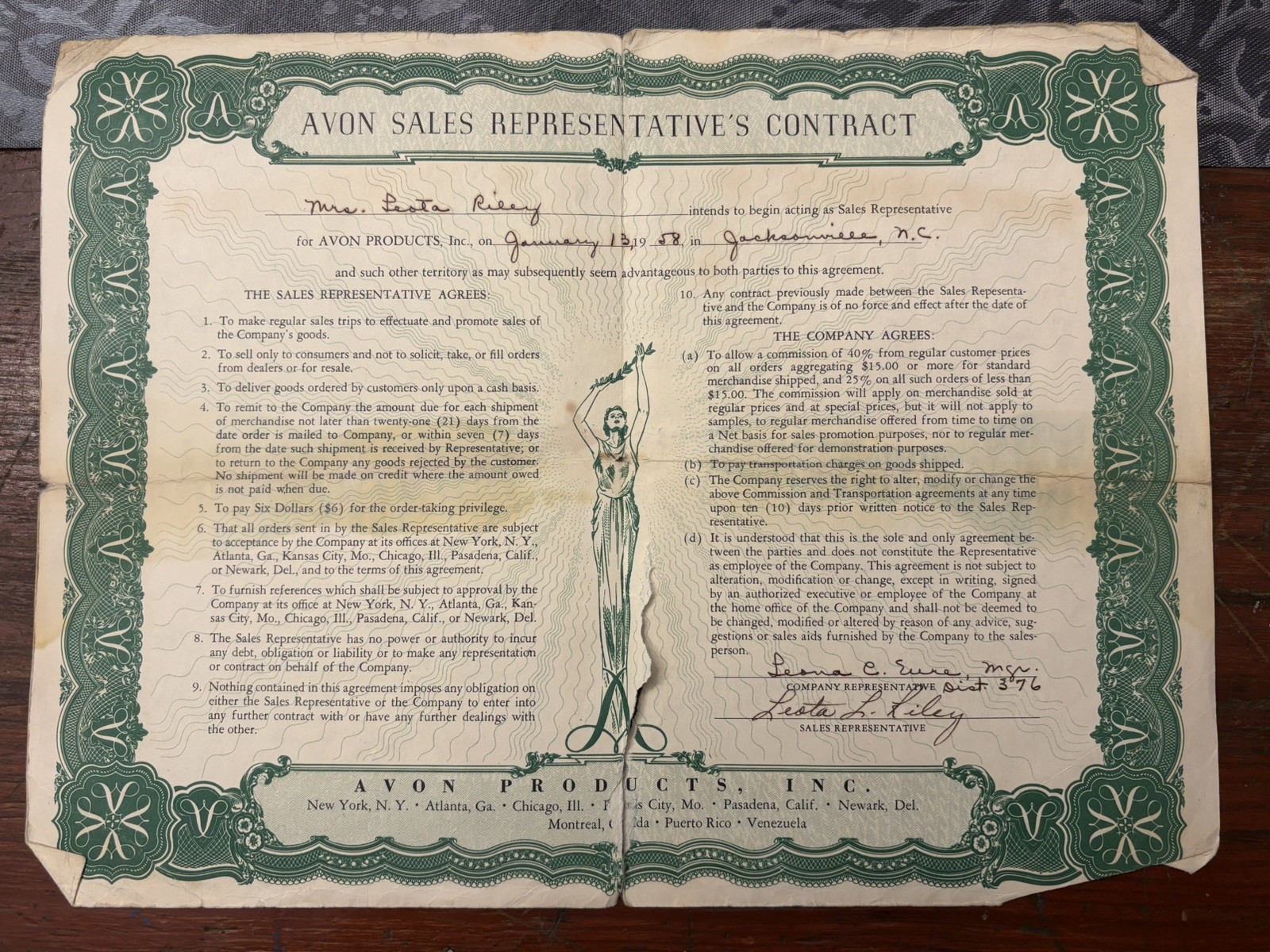 1958 AVON Sales Contract