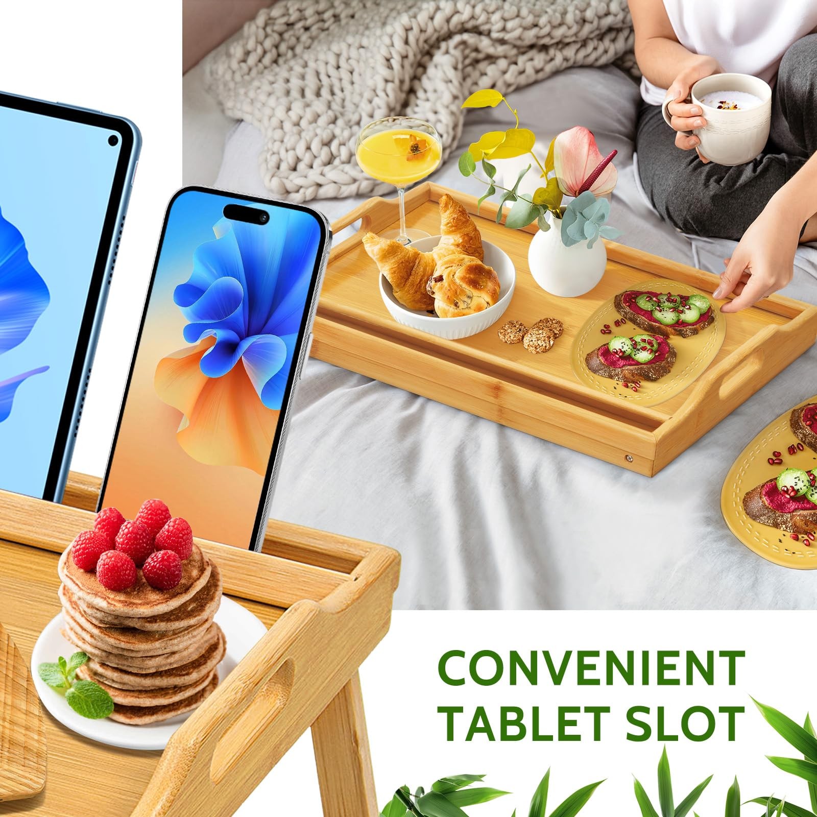 Tray Table for Bed, Bamboo Breakfast with 18.1" x 11.2" x 7.7",