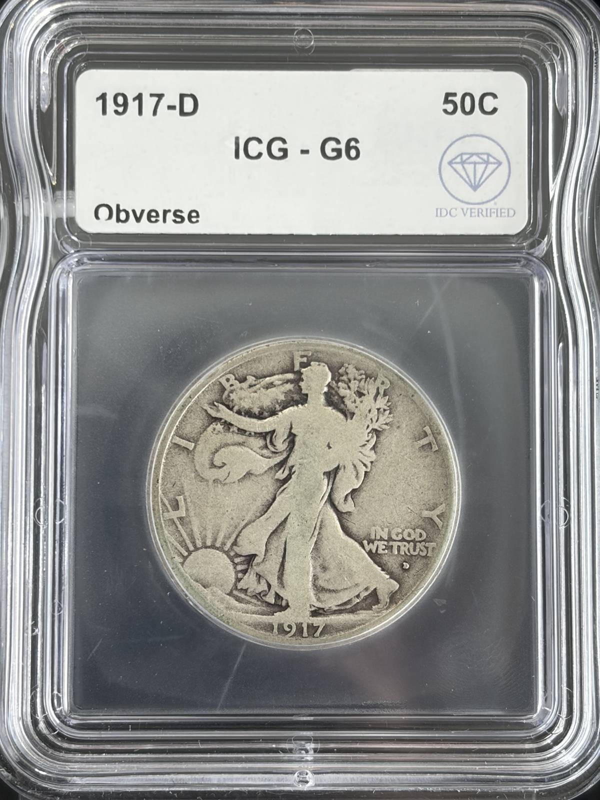 1917 D Half Dollars Liberty Walking ICG G-6 IDC Verified Obverse