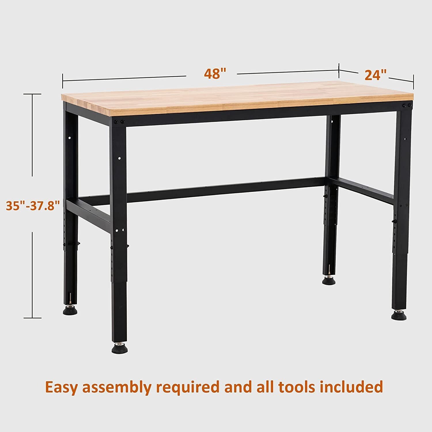 Mcombo 48" Adjustable Workbench with Oak Wood Top, Overall Steel Frame Worktable
