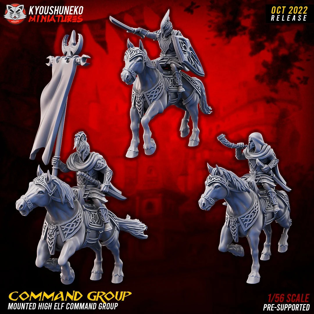 High Elf Mounted Command Group (Set of 3) - 28-32mm - Resin Tabletop Miniatu