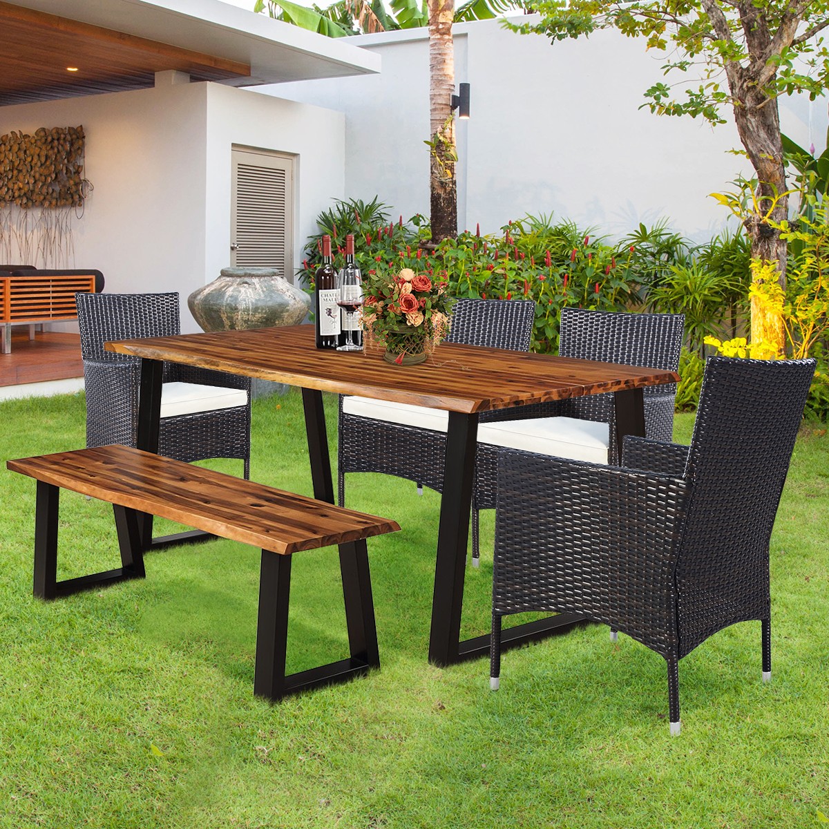 6 Piece Acacia Wood Dining Set w/4 Wicker Stacking Chair Home Patio