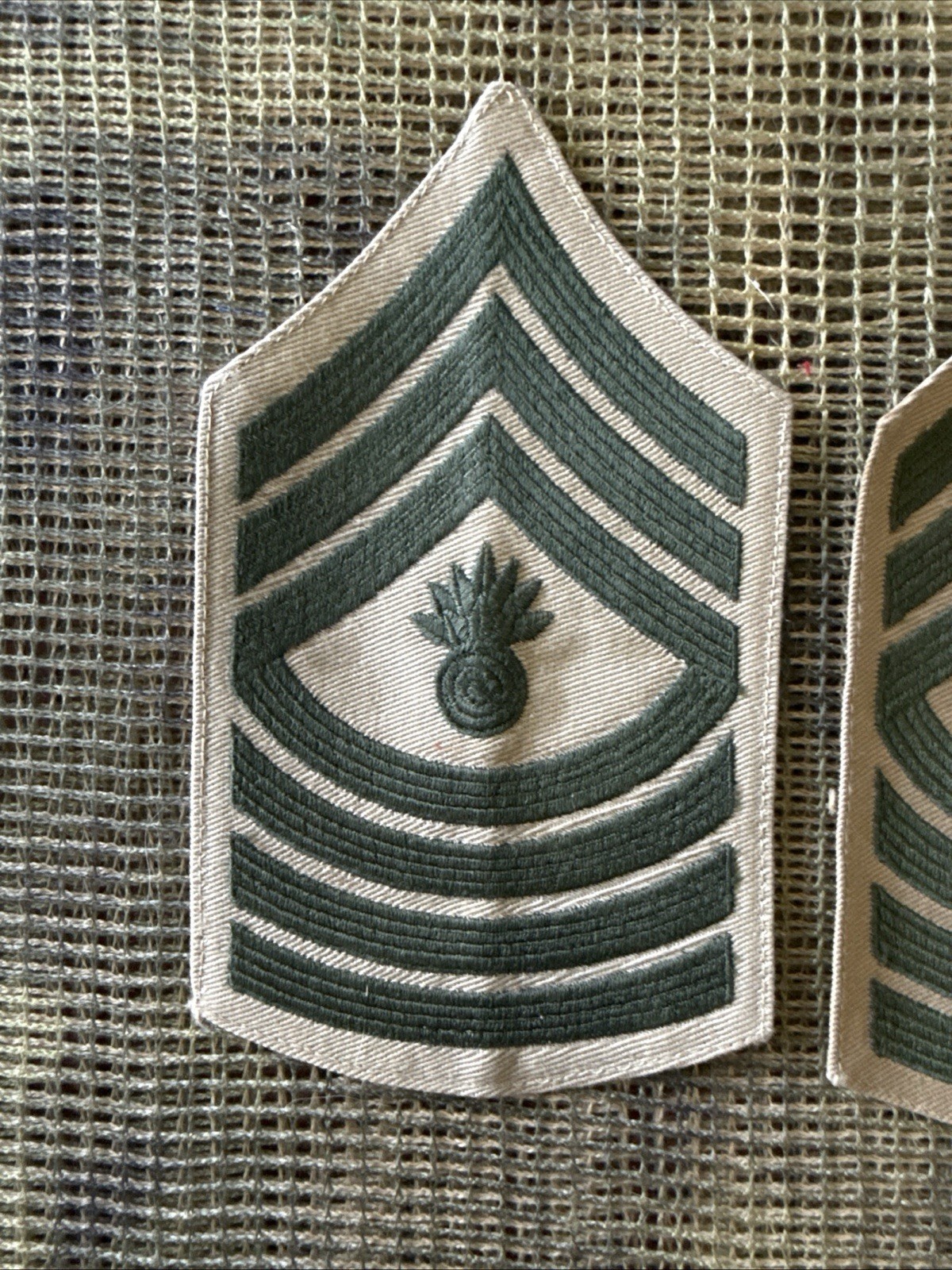 PAIR OF USMC E-9 MASTER GUNNERY SERGEANT CHEVRONS, SERVICE KHAKI -Sewn Used
