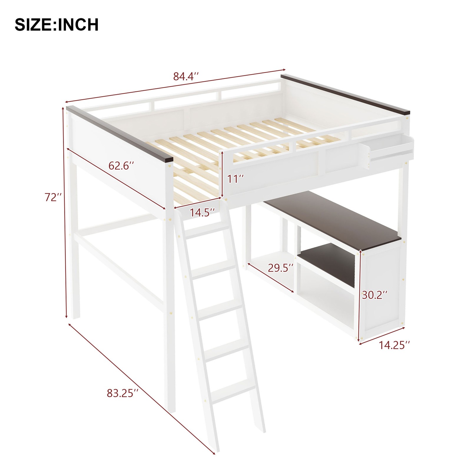 Queen Size Loft Bed with Desk Ladder Storage Shelf Solid Wood Bedroom Bed Frame