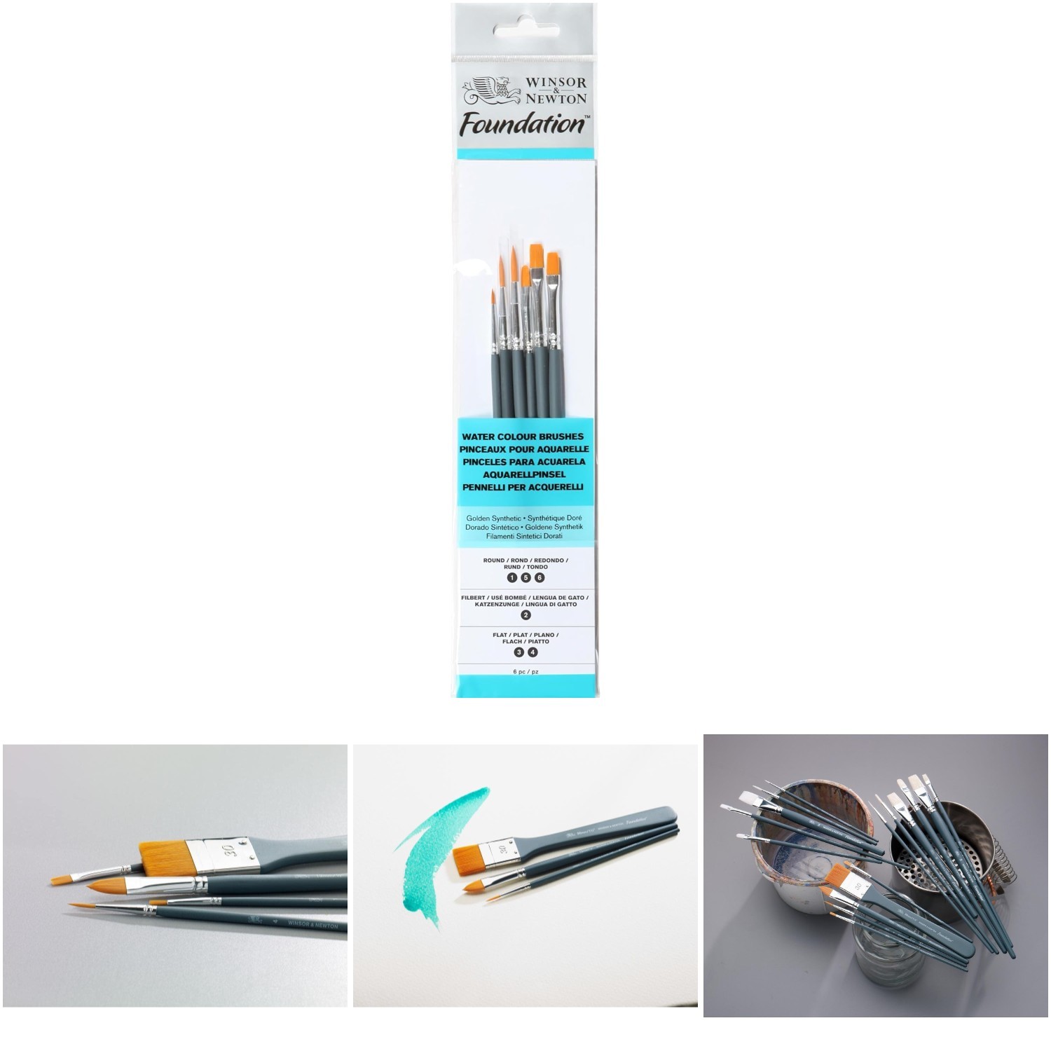 6 Pack Watercolour Brush Set Short Handle Round Flat Filbert Art Supplies