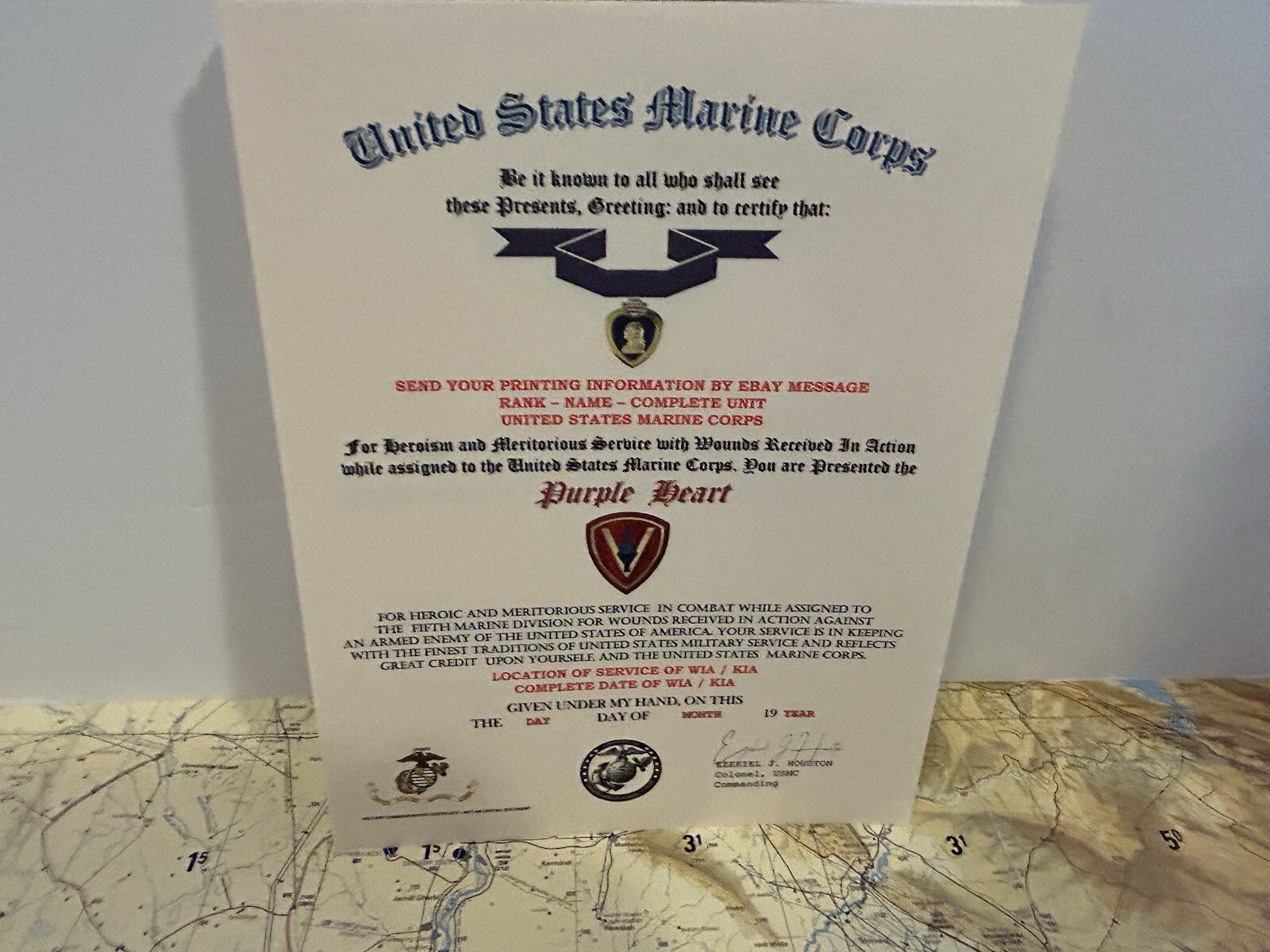 U.S.M.C. / P.H. MEDAL COMMEMORATIVE CERTIFICATE - 5TH MARINE DIVISION