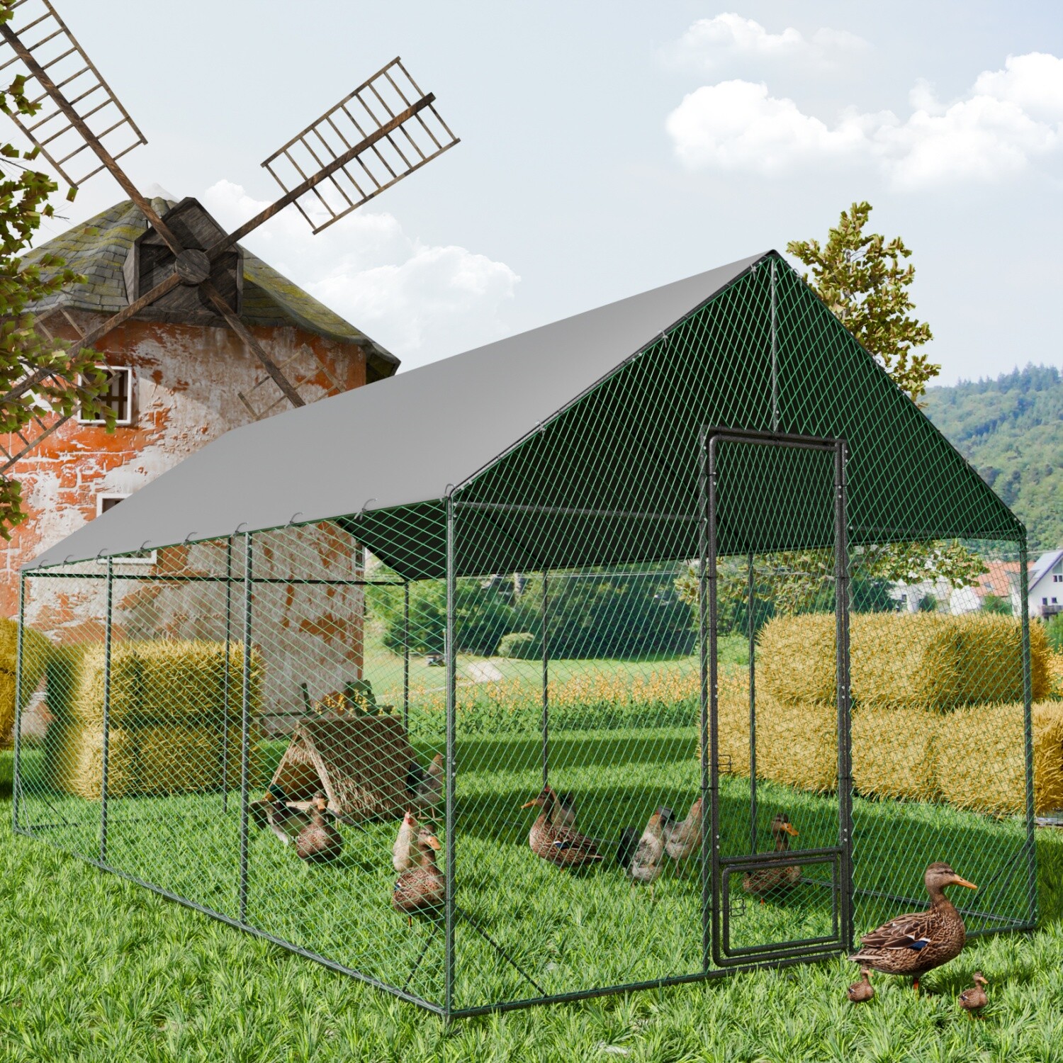 L-XXL Upgraded Metal Chicken Coop Walk-in Poultry Cage Chicken Run Pen Hen House