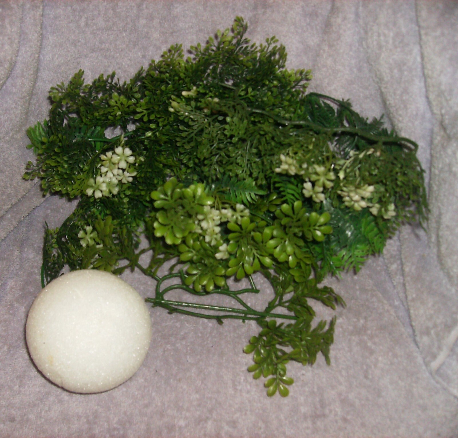 CRAFTS 4" STYROFOAM BALL & PLASTIC GREENERY WITH WHITE FLOWERS 12" x 8"