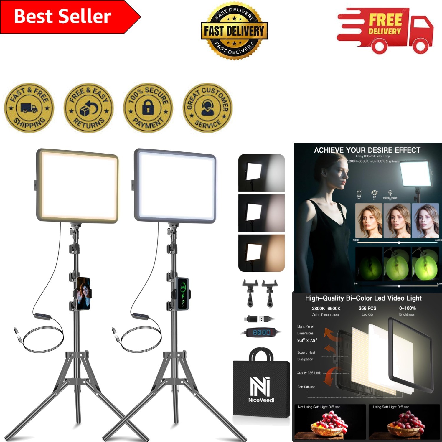 Versatile LED Light Kit for Video Production - Includes Tripod and Phone Holder