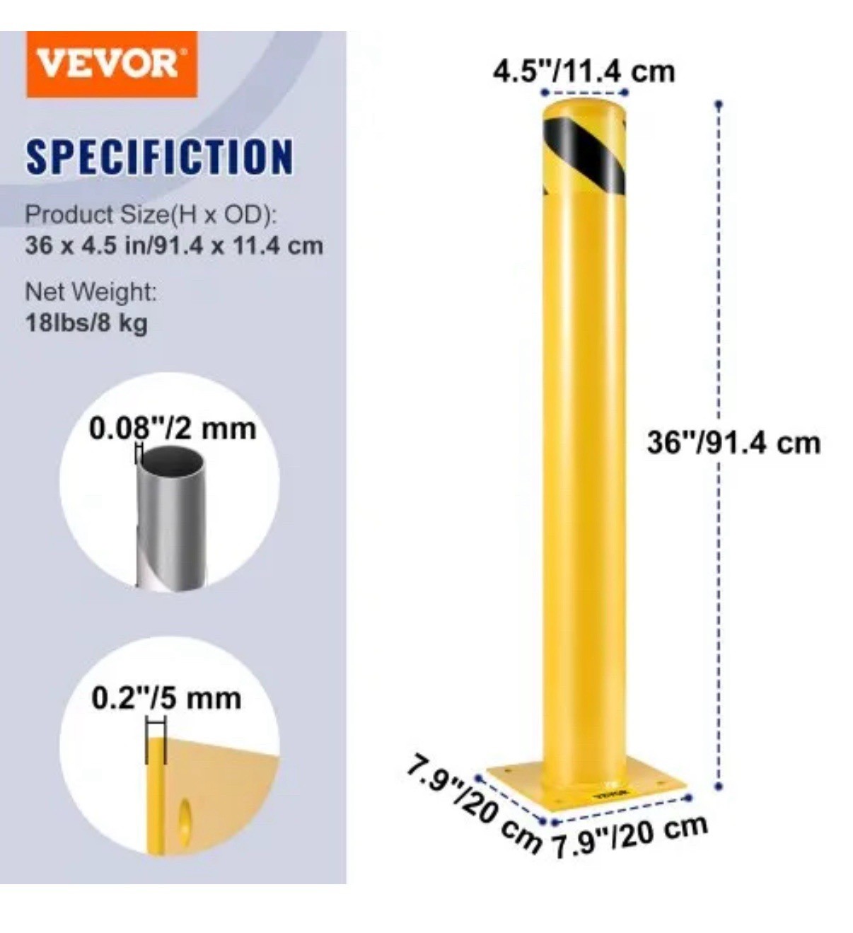 Safety Bollard 4-1/2" OD 36" Height Yellow Powder Coat Pipe Steel Safety Barrier