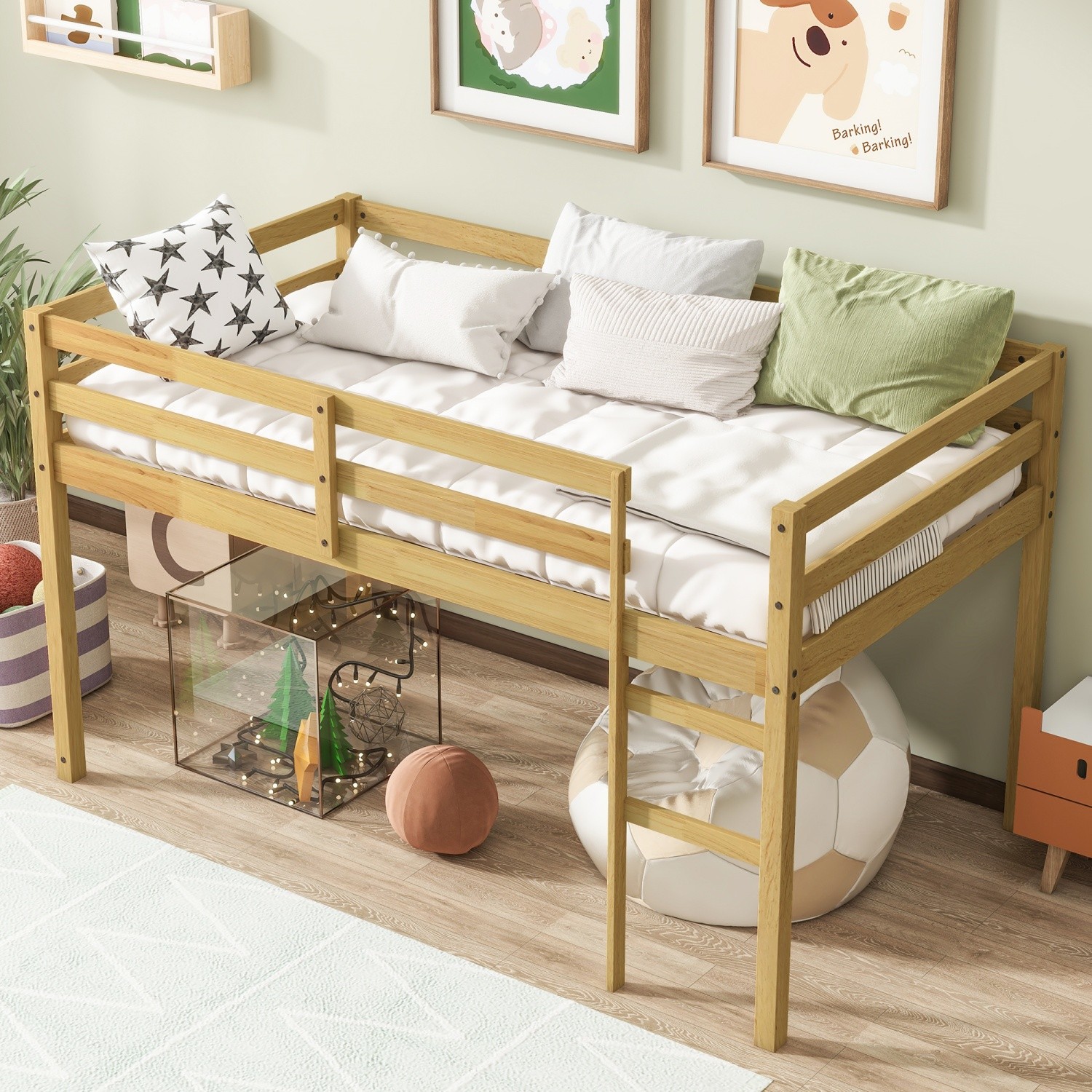 Twin Size Wooden Loft Bed Frame w/ Ladder & Strengthened Slats for Kids Teens