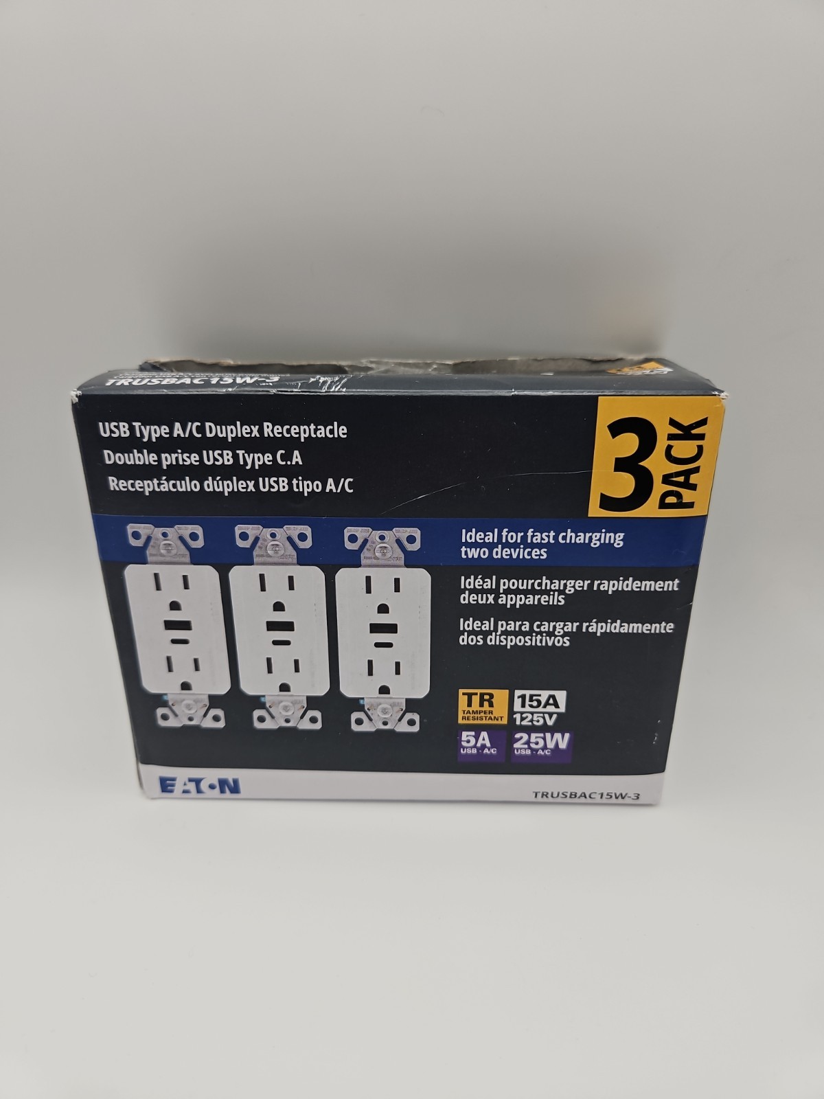 Eaton USB A/C Charger With Duplex Receptacle TRUSBAC15W-3-LW 3-Pack New G1**