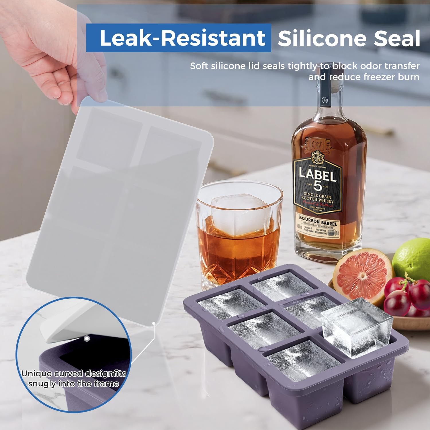Large Silicone Ice Cube Trays with Lids, 2 Pack, Makes 2-Inch Cubes